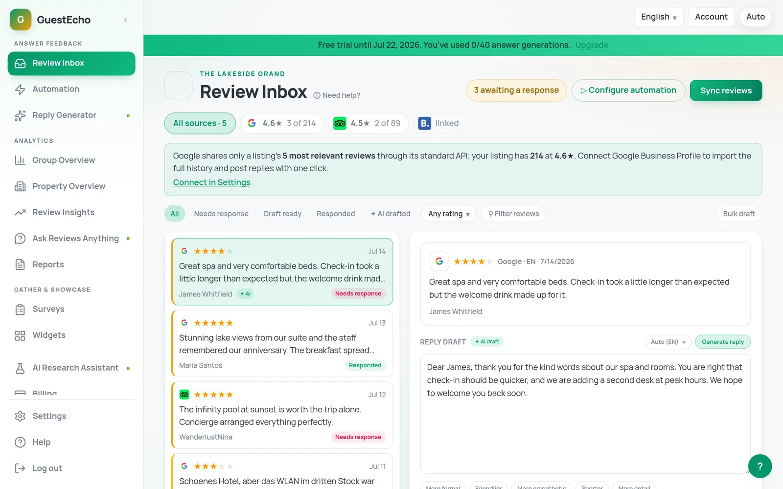 The Revinsta review inbox with an AI-drafted reply ready to send